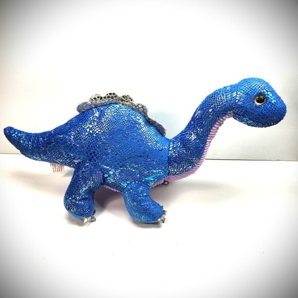 Dinosaur Brontosaurus Plush Toy Blue Metallic Fabric 18 in. Long - Picture 1 of 8